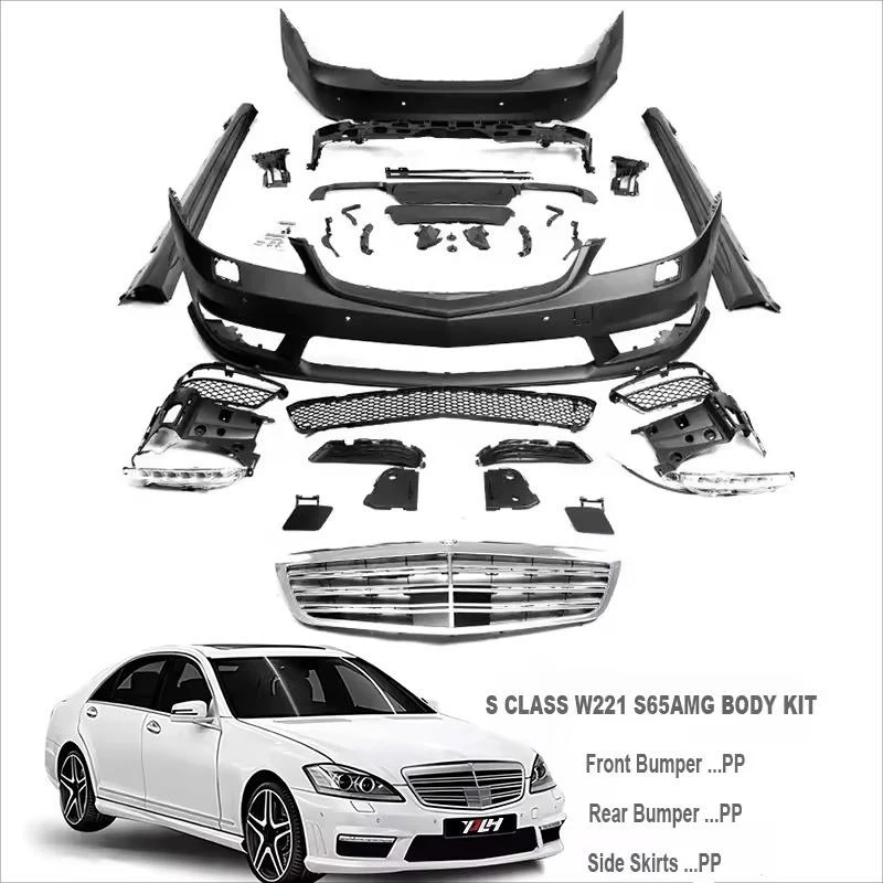 

Fits Mercedes S-Class W221, Upgrade to S63 S65 AMG Body Kit with Front Bumper, Grille and Side Skirts