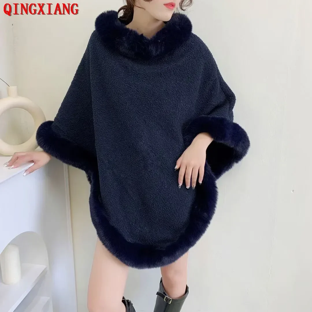 

Womens Capes Granular Velvet Poncho Winter Faux Fur Neck Thicken Out Street Wear Knitted Triangle Oversize Pullover Shawl Coat