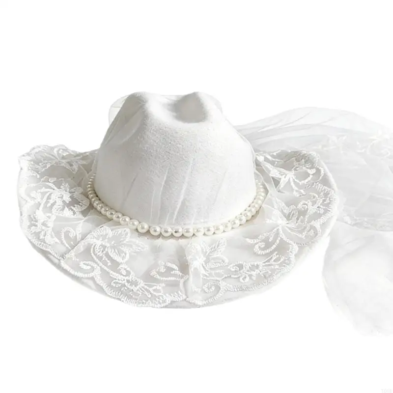 White Cowboy Cap With Pearls Veil for Bride Special Event Styling Fedoras Hat for European Styles Wedding Ceremonies Y08E