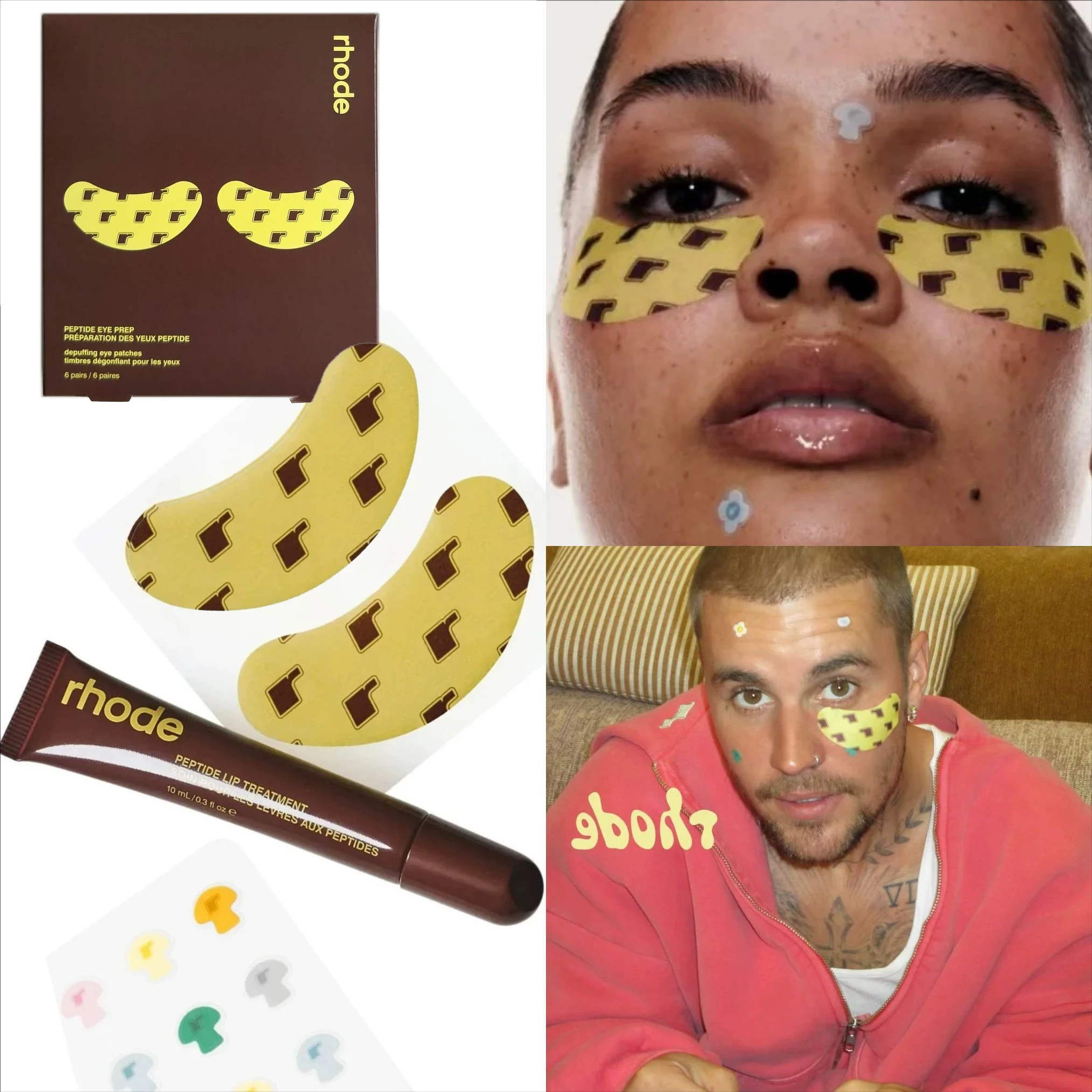 Parches de Ojos Desinflamatorios con Péptidos de Plátano Rhodeskin, Brillo Labial, Colorete, Maquillaje Hidratante para la Piel Estilo Hailey Bieber, Colorete para Chicas