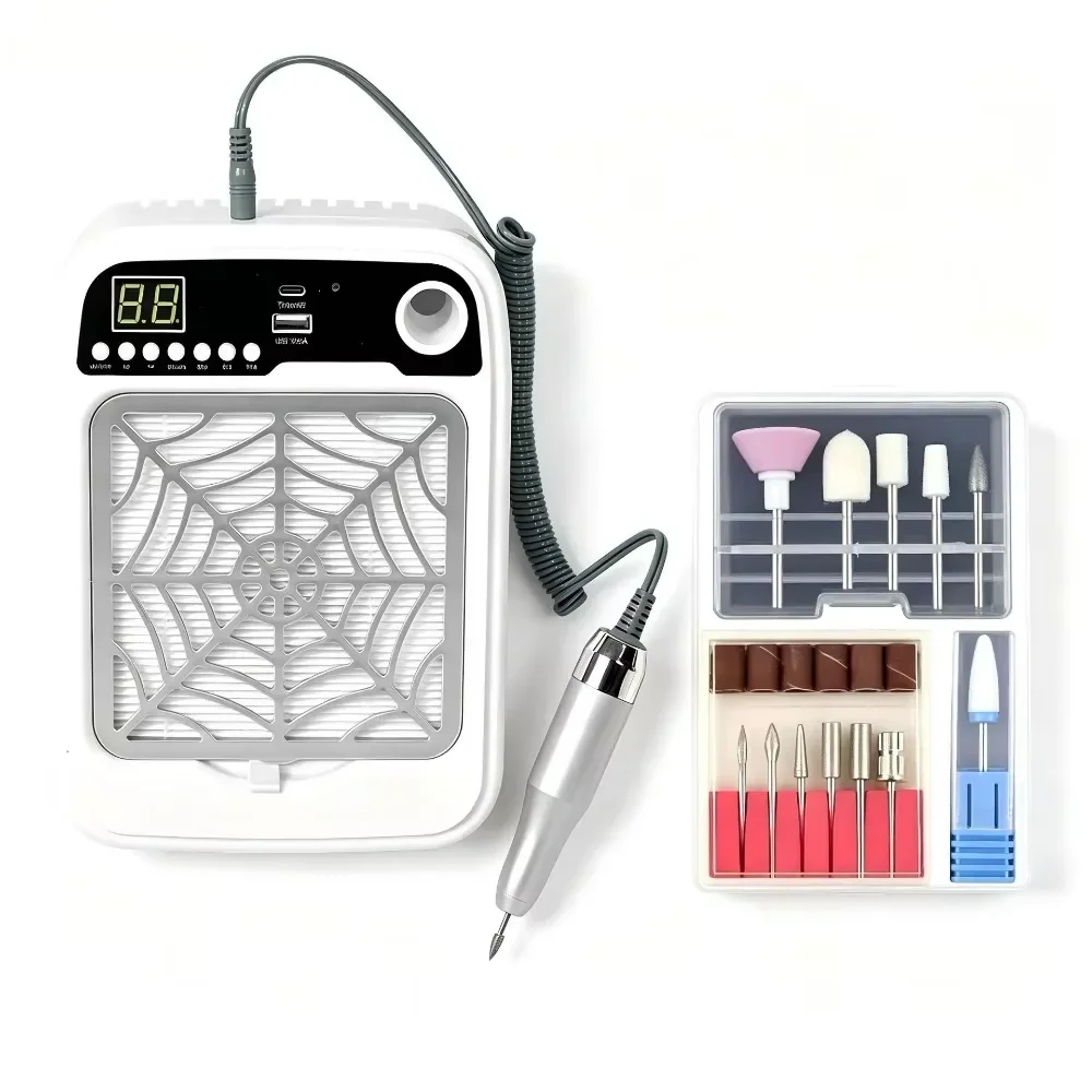 3-in-1 Professioneller Nagelbohrer mit Staubabsaugung, 35000 U/min Elektrischer Nagel-Staubsauger mit UV-LED-Lampe, Acryl-Gel-Nagelschleifer, Desktop-Maniküre-Station für Salons