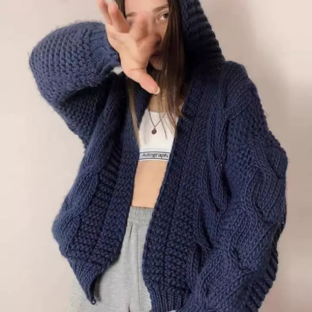 

Осенне-зимний новый свитер-кардиган, американский темно-синий короткий вязаный женский повседневный универсальный топ с капюшоном