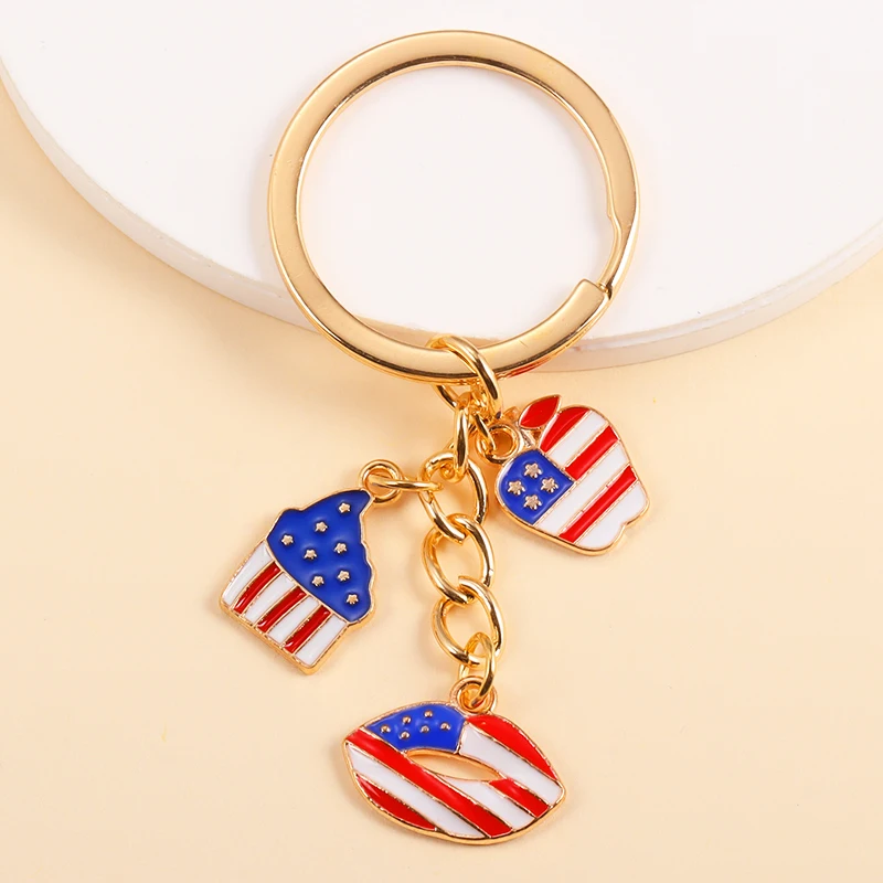 Hot Selling USA Flag Cross Heart Star Keychain America Pop Patriotism Keyrings For Women Men Car Key Bags Decor Party DIY Gifts