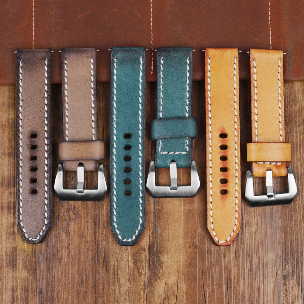 

Retro Genuine Leather Watchbands 18mm 20mm 22mm 24mm Coffee Blue Tan Replacement Watch Band Wist Bracelet Stainless Steel Buckle