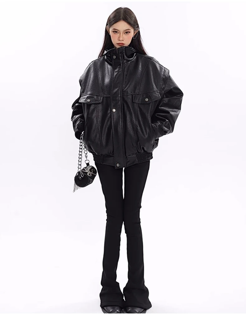Nerazzurri Spring Autumn Oversized Cool Windproof Thick Black Pu Leather Jacket Women Zip Up Luxury Designer Unisex Clothes 2023