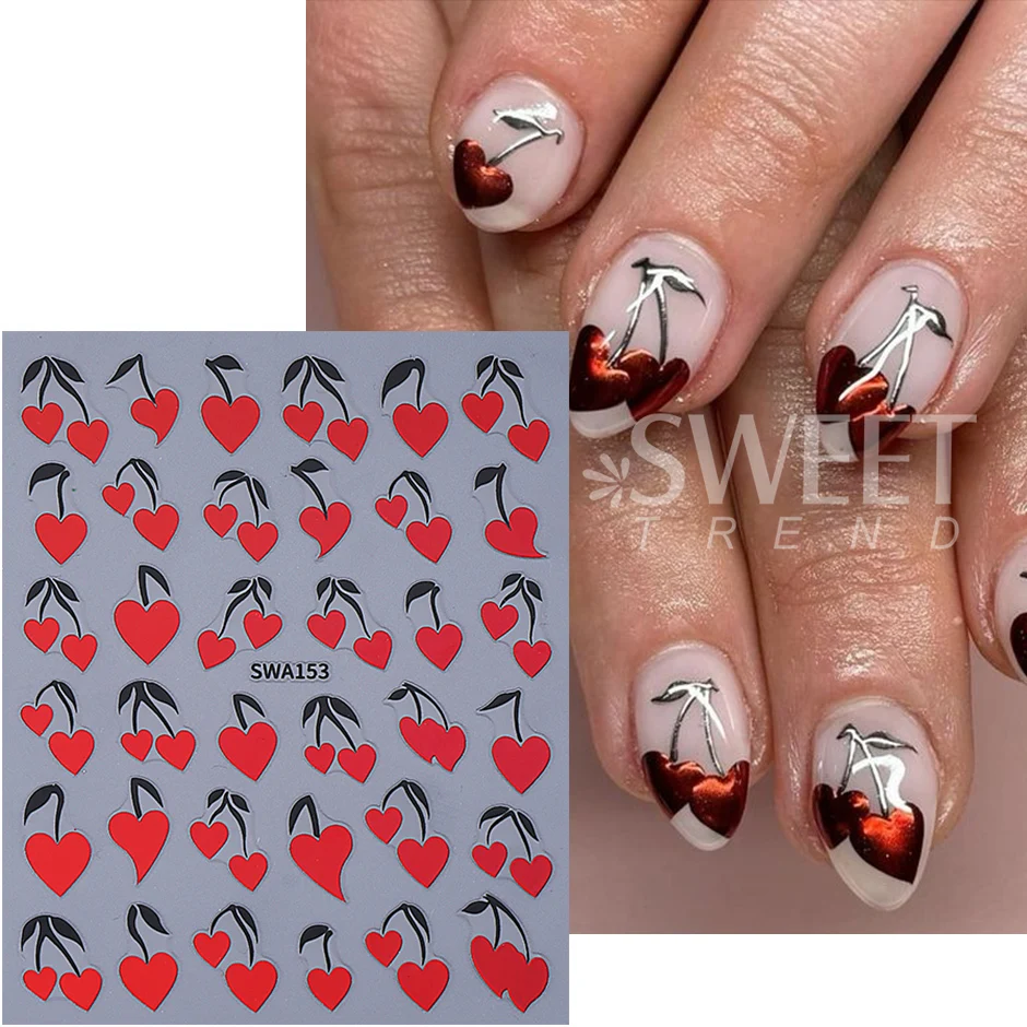 2 pezzi adesivi per unghie di San Valentino a forma di cuore foglie di ciliegio autoadesive decalcomanie per unghie dolce decorazione manicure fai da te cursori