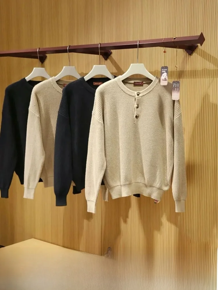 

New Luxury Cotton Knitwear Heavyweight Men's Autumn Winter Soft Breathable Waed Henry Collar Sweater Casual Sle Long Sve