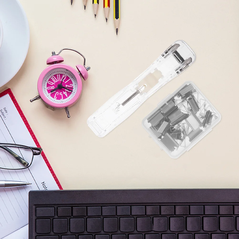 Dispenser di graffette trasparenti per cucitrice riutilizzabile portatile da 3 set per clip per raccoglitori per ufficio, casa, scuola, senza cucitrice