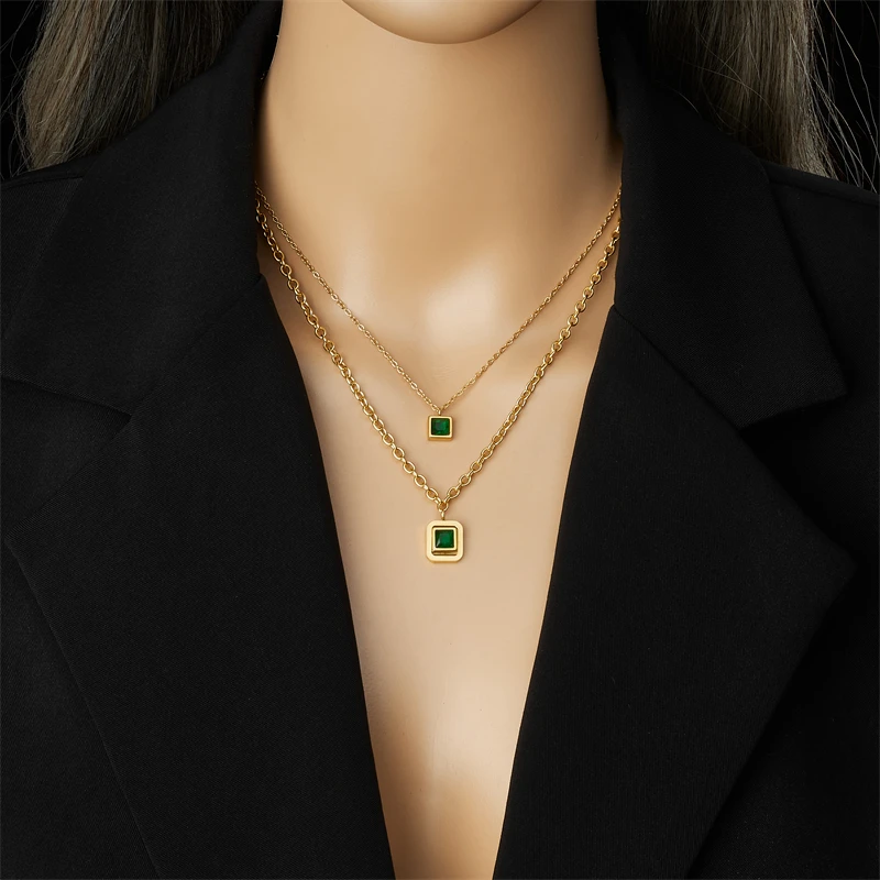 MEYRROYU 316L Stainless Steel Square Green Zircon Double-layer Necklace Bracelet Earrings Women New Trend Non-fading Jewelry Set