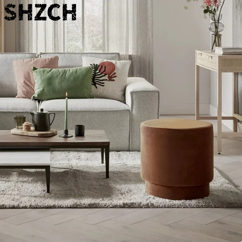 Nordic Fabric Shoe Changing Stool Minimalist Round Ottoman Soft Padded Foot Rest Stool European Style Living Room Sofa Footstool