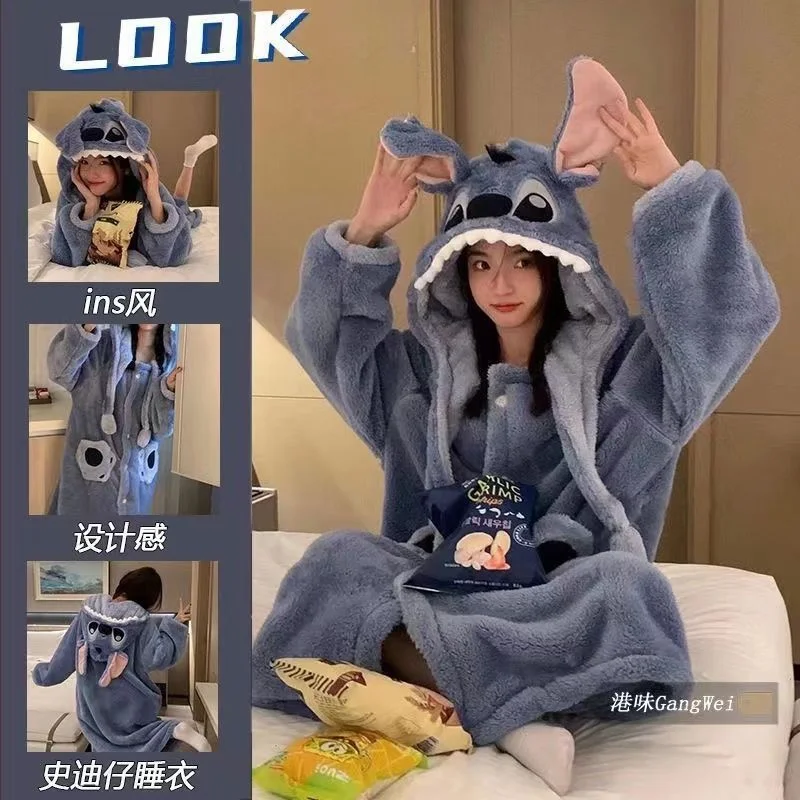 Disney Stitch Robe Kawaii Stitch Hooded Dressing Gowns Lady Thickened Warm Home Wear Cute Couples Dress Leisure Clothing Gift