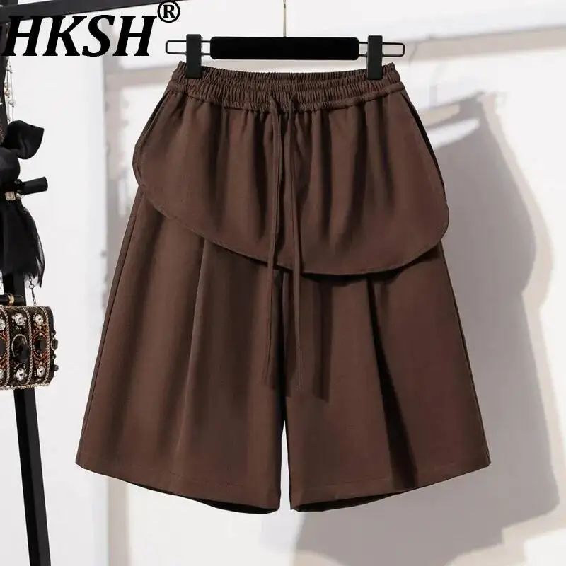 HKSH Women's Shorts Tide Fashion Patchwork Pleated Drawstring Elastic Waist Loose Casual Straight Dark Style Fifth Pants HK25792