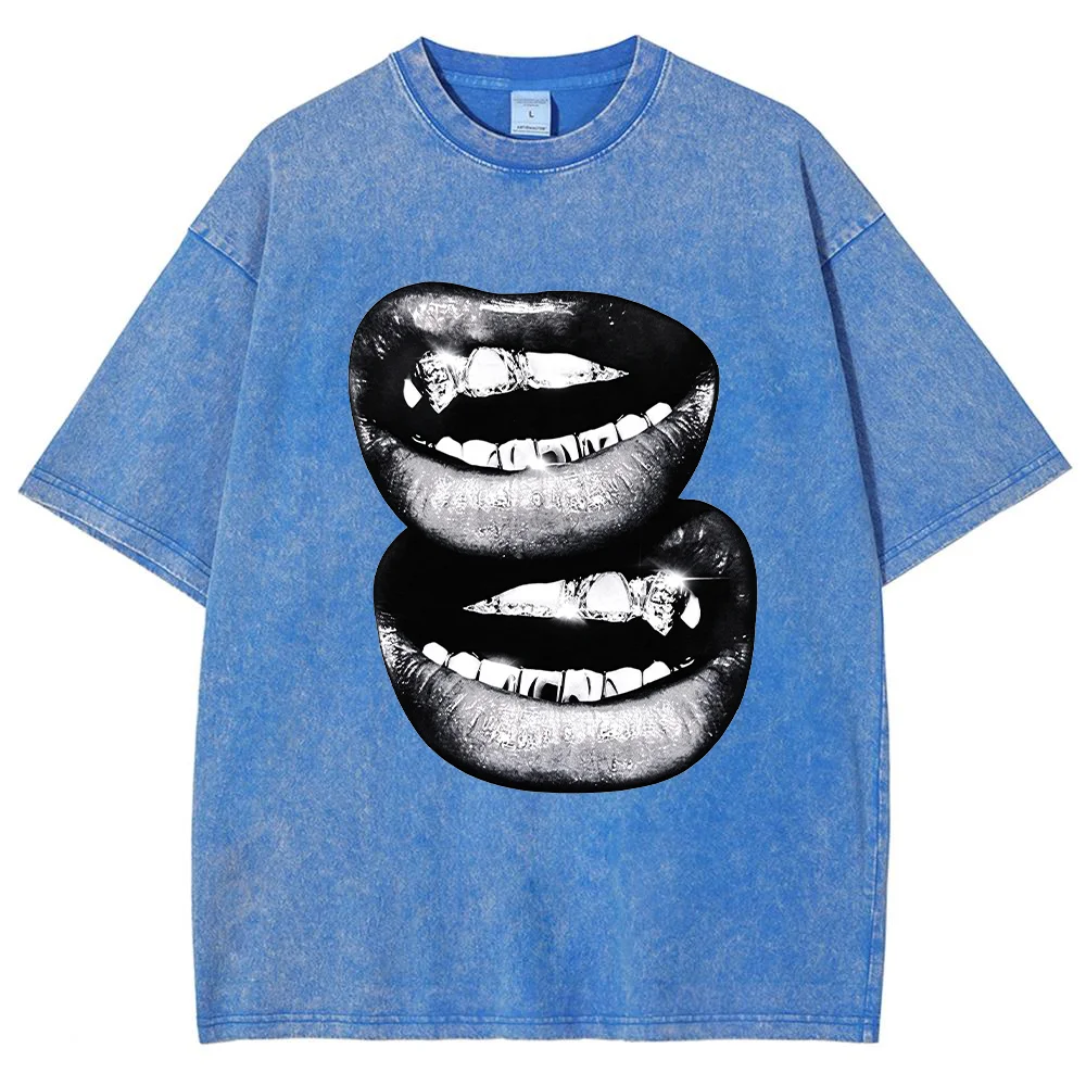 Men Diamond Grillz Lips Print T Shirt Hip Hop Streetwear Graphic Tee Summer Short Sleeve Top Casual Fashion Clothing ﻿