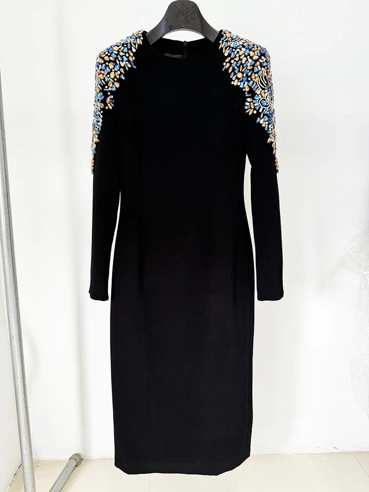 HIGH STREET Newest 2024 Designer Fashion Women\'s Long Sleeve Rhinestone Diamonds Beaded Midi Dress