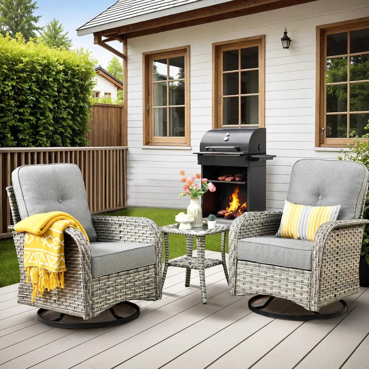 Outdoor Swivel Rocker Patio Chair Set 2 with Wicker Glider, Rattan Side Table, Dark Gray, Customized