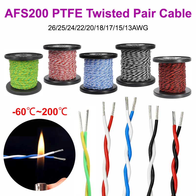 1/2/5/10/20m AFS200 PTFE Twisted Pair Cable 26/25/24/22/20/18/17/15/13AWG Electronic FEP Insulated Tinned Copper 2 pin Cable