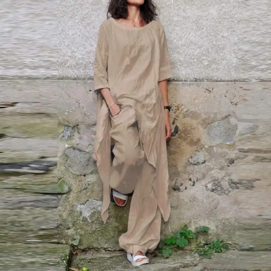 Women Eid Muslim Sets Ensemble Two Pieces Cotton Linen Shirt Kaftan Solid Blouses Wide Leg Pants Arab Islam 2024 Outfit Suits