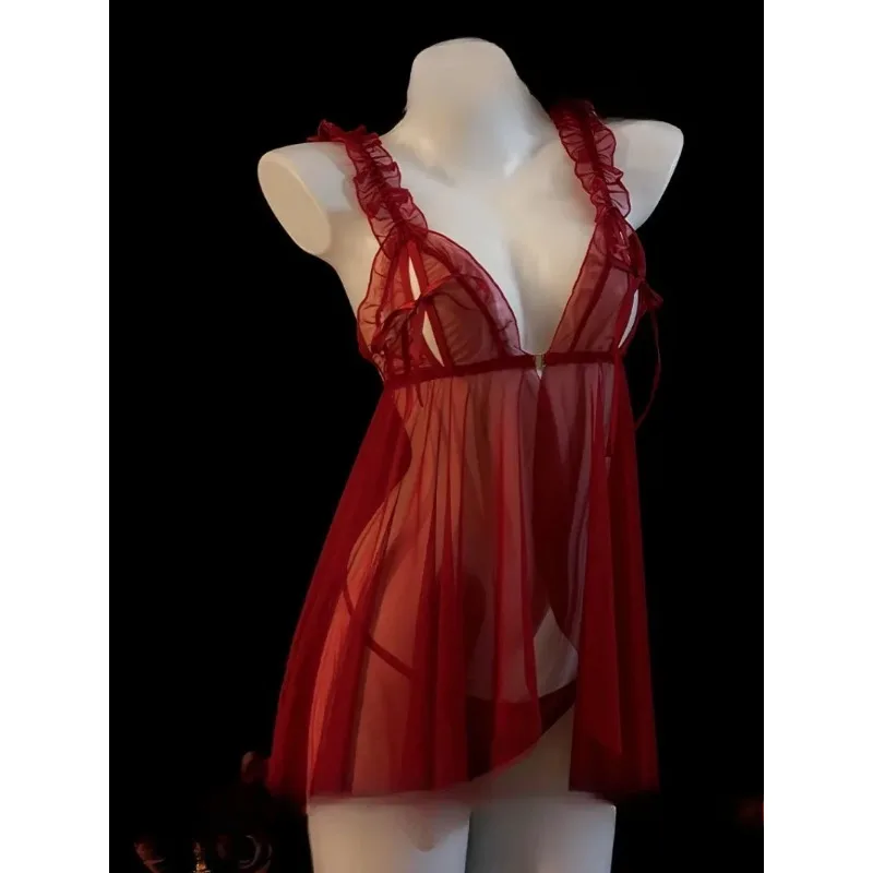 

Red Mesh See-through Halter Nightgown,Sexy Pure Desire Lingerie,Romantic Pajamas for Women,Large Size Temptation Dress