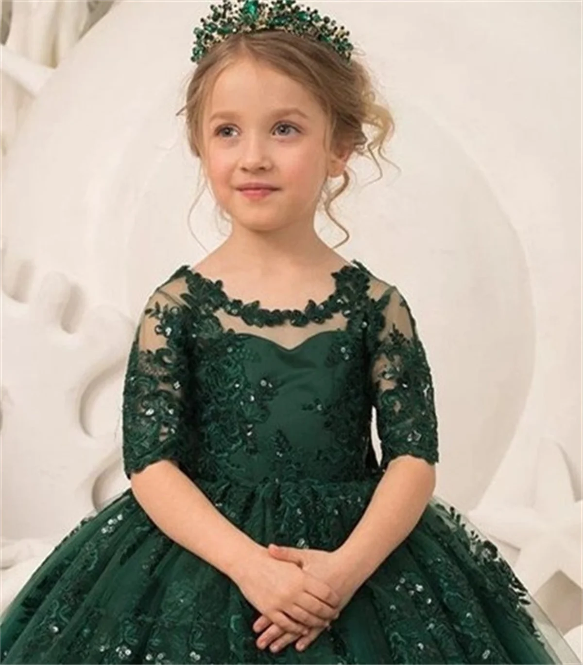 Verde Tulle Lace Long Half Sleeved Lantejoula Bow Belt Flower Girl Dress Casamento Flor Criança Aniversário Comunhão Vestido