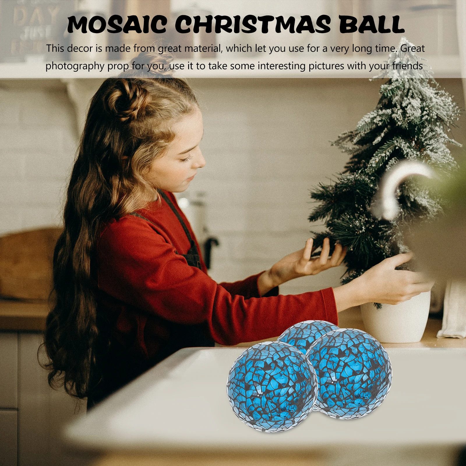 

3 Pcs Christmas Balls Decorative Mosaic Xmas Decoration Blue Decorations Ornaments Desktop Craft Round