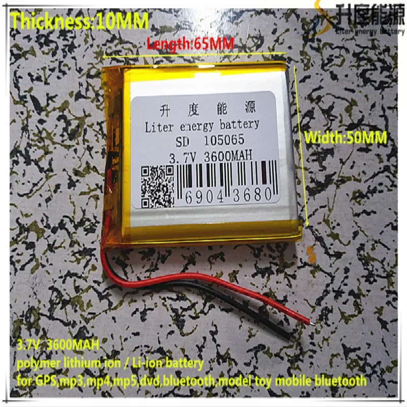 3.7V 3600mAh 105065 Lithium Polymer Li-Po li ion Rechargeable Battery cells For Mp3 MP4 MP5 GPS  mobile bluetooth