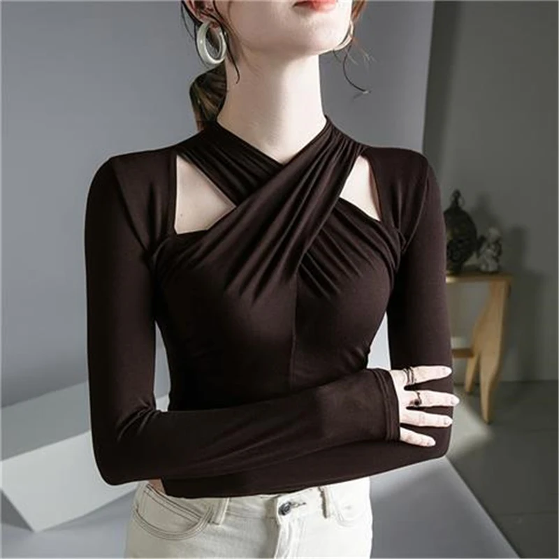 Imagem -04 - Outono Inverno Sexy Halter Oco para Fora Elegante Preto Café Básico Senhoras Topos Moda Manga Longa Fino Ajuste t Camisa Roupas Femininas