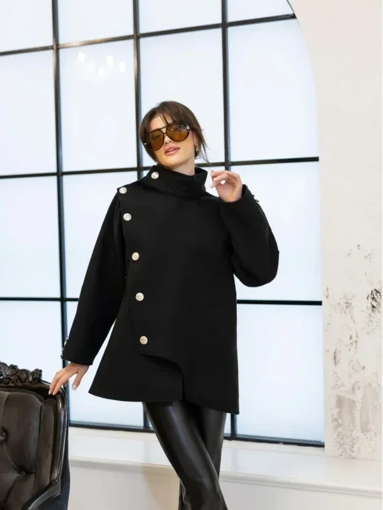 

Lady Elegant Stand Collar Wool Blend Coat Casual Full Sleeve Single Breasted Loose Jacket 2026 Women Commute Office Outerwears