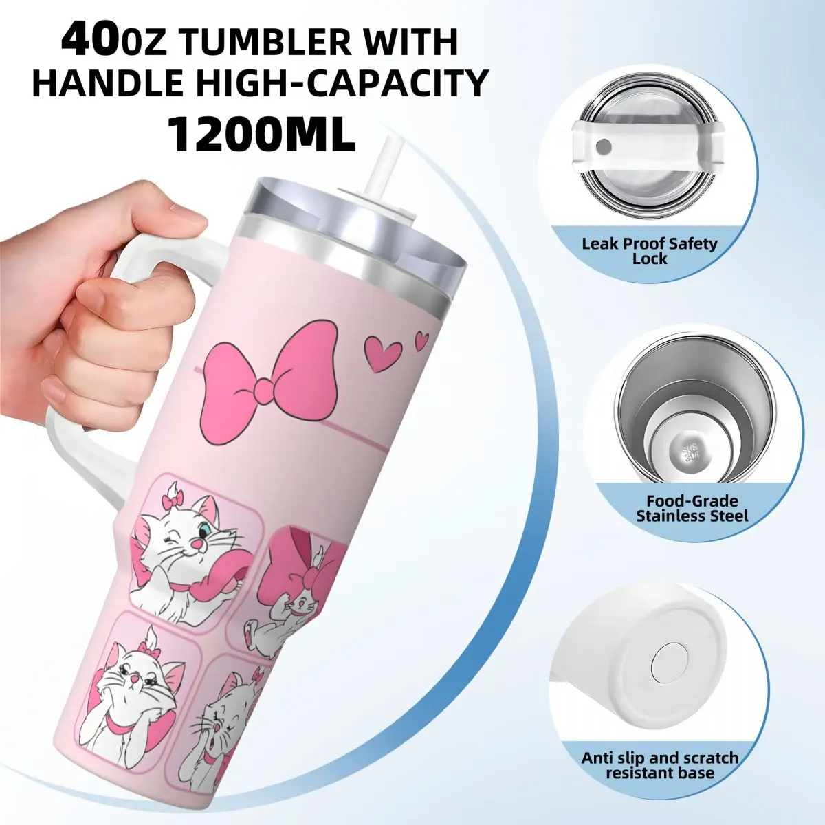 Cartoon Pink Marie Cat Stainless Steel Tumbler Kawaii Thermal Cups With Straws and Lid Large Mugs Cup Cold Drink Water Bottle