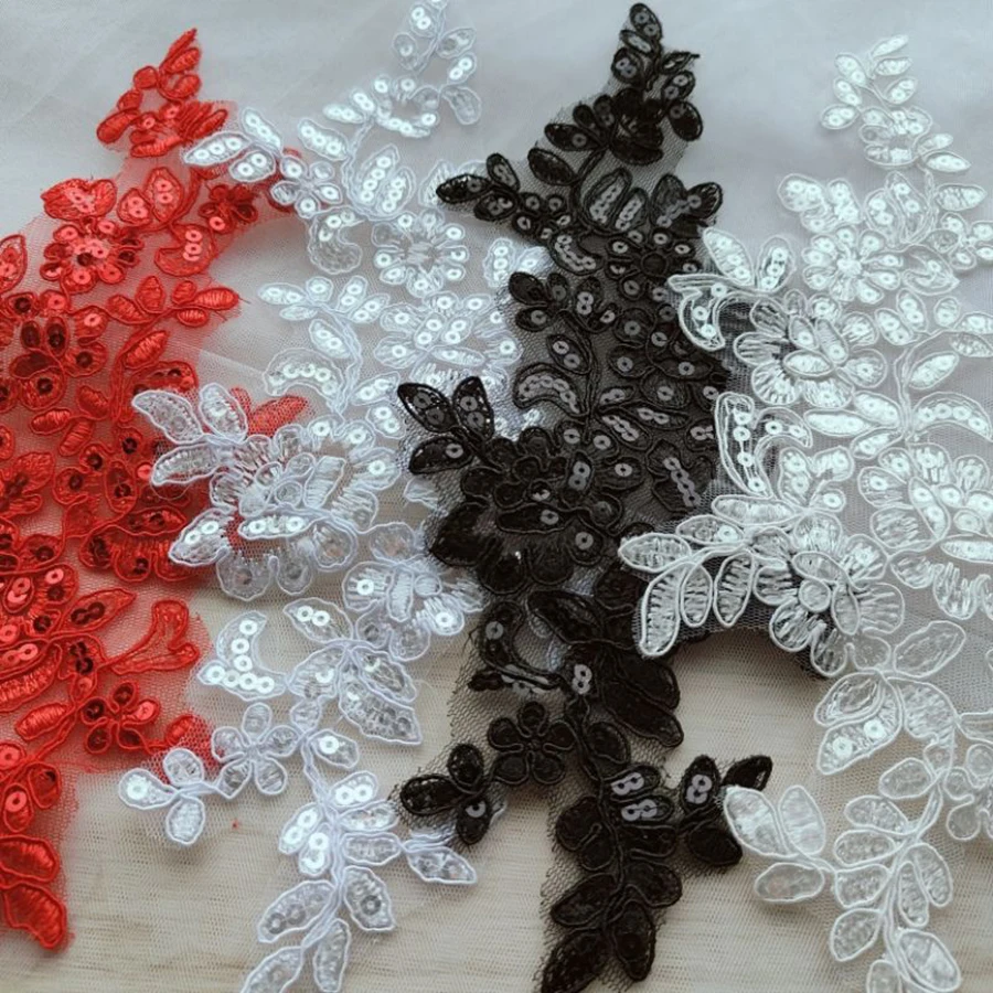 1Pair White Black Applique Flower Sequins Lace Fabric Patch For Garment Wedding Accessories Cloth DIY Reapir Craft