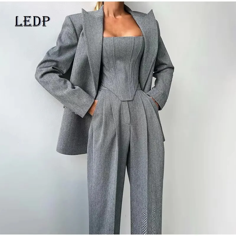 

European American Fashion Casual Women's Suit Spring Solid Color Temperament Elegant Jacket Long Trousers 3-piece Suits Ladies