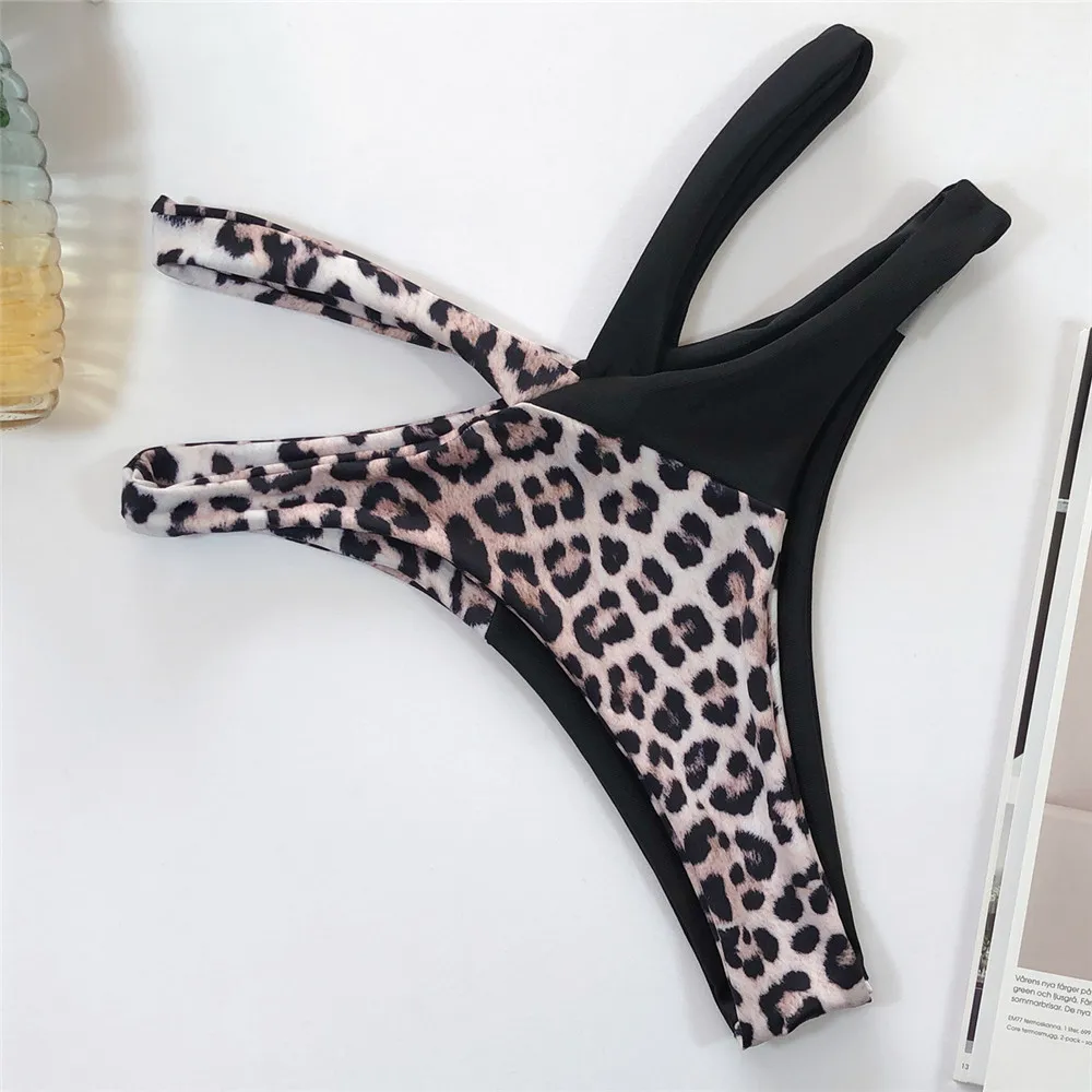 Black Leopard Patchwork Bikini 2025 Sexy Swimsuit Women Bandage Front Knotted Swimwear High Cut Bathing Suit Bikinis Sets Mujer