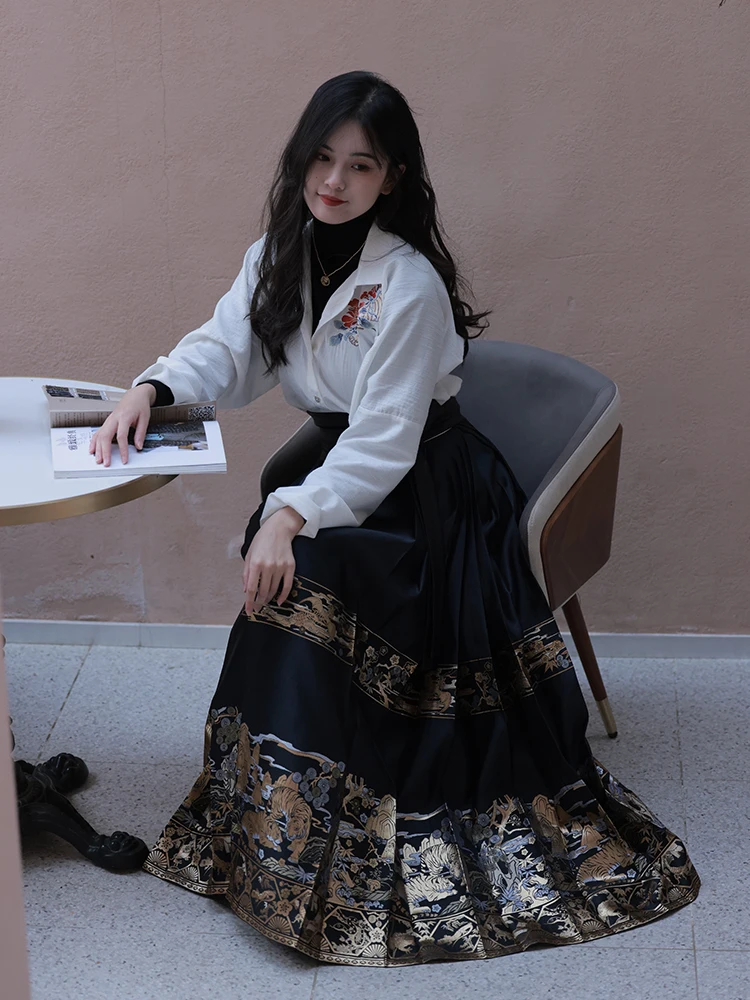 

Tongwan, Новое зимнее поступление, женская юбка ханьфу, универсальная юбка золотого плетения с хвостом, треугольные складки, повседневная одежда