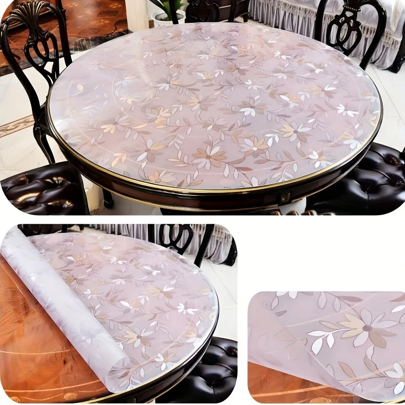 120cm Round Table Mat PVC 1.1mm Transparent Matte Daisy Flower Tablecloth Heat Resistant Waterproof Furniture Cover Soft Glass view 6