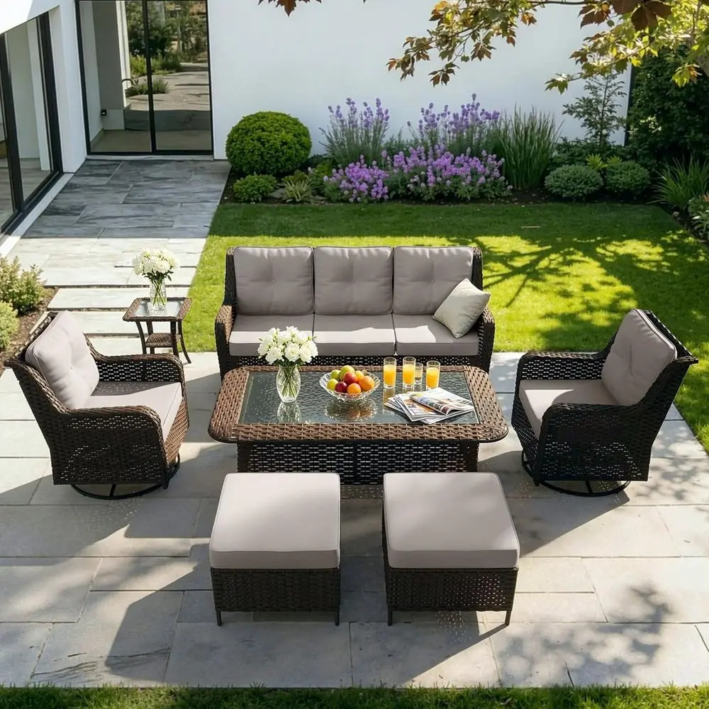 

All-Weather Wicker High Back Swivel Rocker Patio Furniture Set with Coffee Table and Cushions for Deck or Porch, Sand Color
