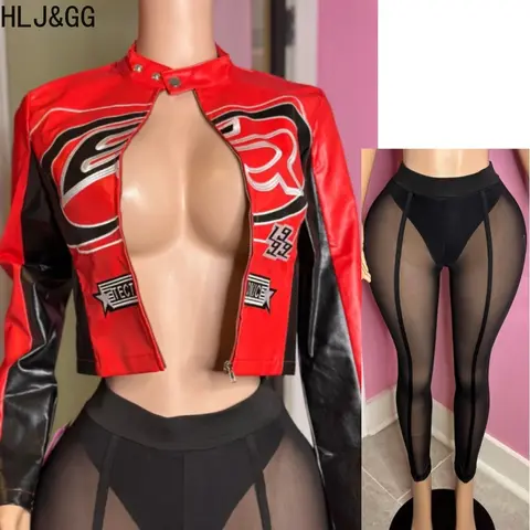 HLJ&GG Red Fashion Y2K Embroidery Jacket Two Piece Sets Women Zip Long Sleeve Crop Top And Skinny Mesh See Though Pants Outfits