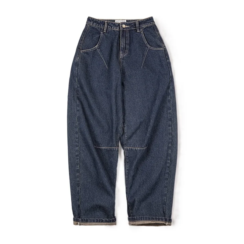 Maden Women's Vintage 12.8OZ Washed Denim Jeans Dark Blue Banana Pants Loose Fit Casual Cargo Trousers Female Fall Winter Jeans