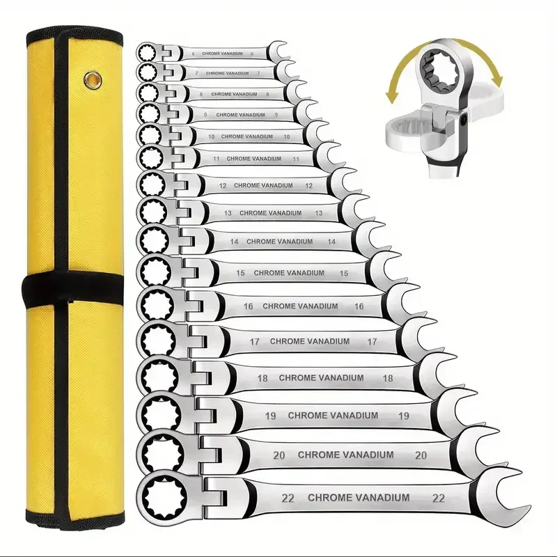 6-22mm Ratchet Combination Wrench Set with Bag, Chrome Vanadium Steel Sockets Included: 6pcs, 9pcs, 12pcs, 14pcs, 15pcs, 16pcs
