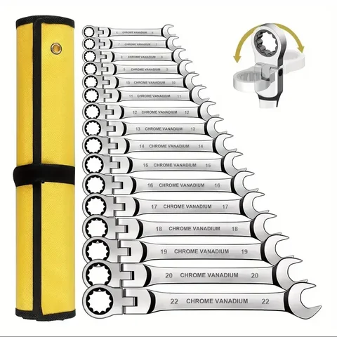 6-22mm Ratchet Combination Wrench Set with Bag, Chrome Vanadium Steel Sockets Included: 6pcs, 9pcs, 12pcs, 14pcs, 15pcs, 16pcs