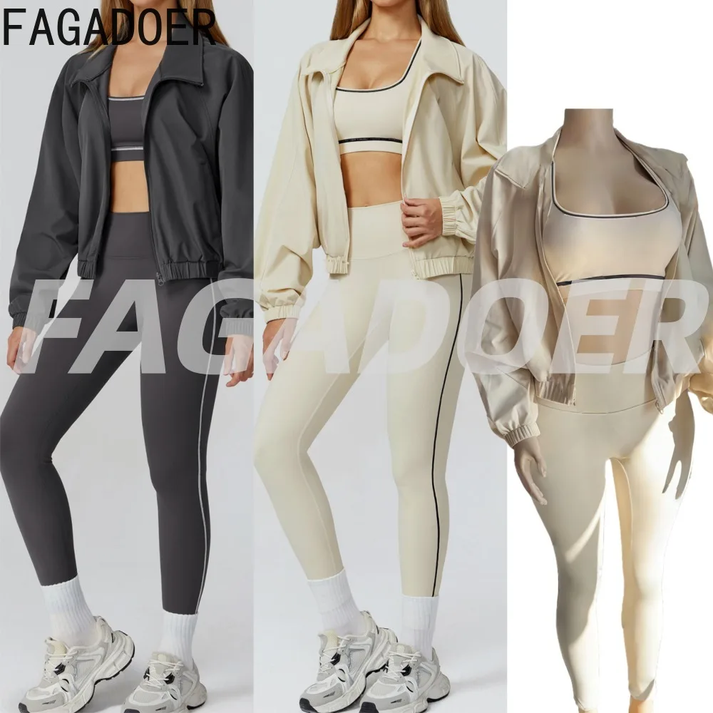 

FAGADOER Fashion Sport 3 Pieces Set for Woman Outfits Sleeveless Backless Vest+Long Sleeve Jacket+skiny Pants Female Streetwear
