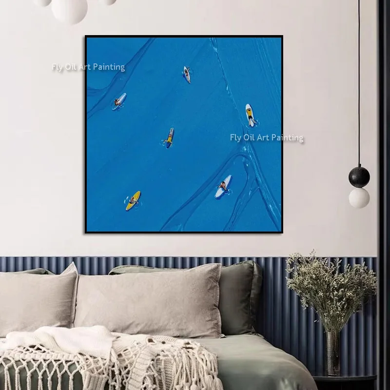 Handmade Simple Blue Sea People Rowing Boats Canvas Thick Oil Painting New Original White Winter Skiing Wall Art Decor For Room