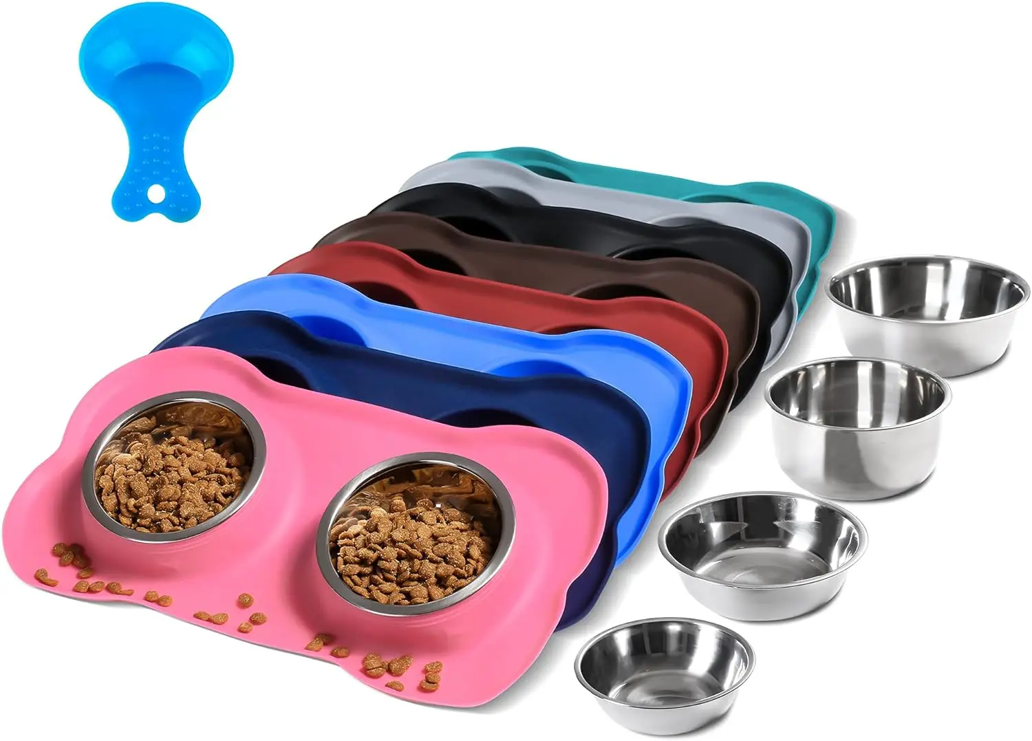 Stainless steel dog bowls with non-slip silicone mat & food scoop,for small/medium/large dogs, cats, puppies,includes feeder set
