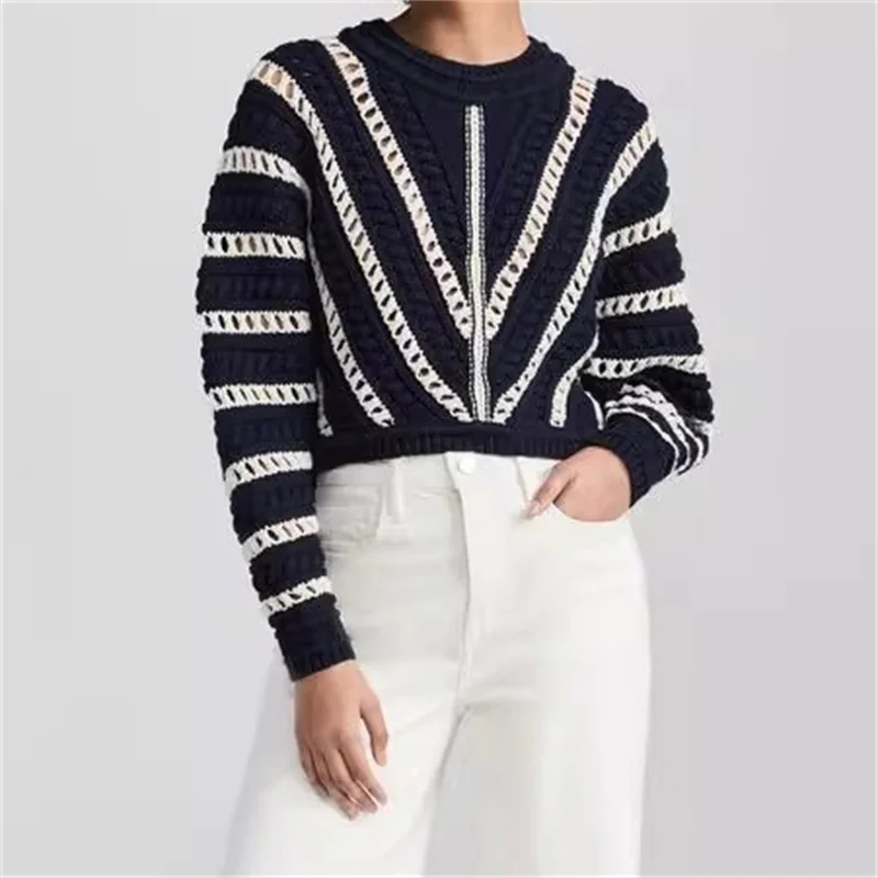 

Women's sweater 2024 autumn New in fashion striped round neck pullover knitted hollow out Long sleeved Top cotton blend knitwear