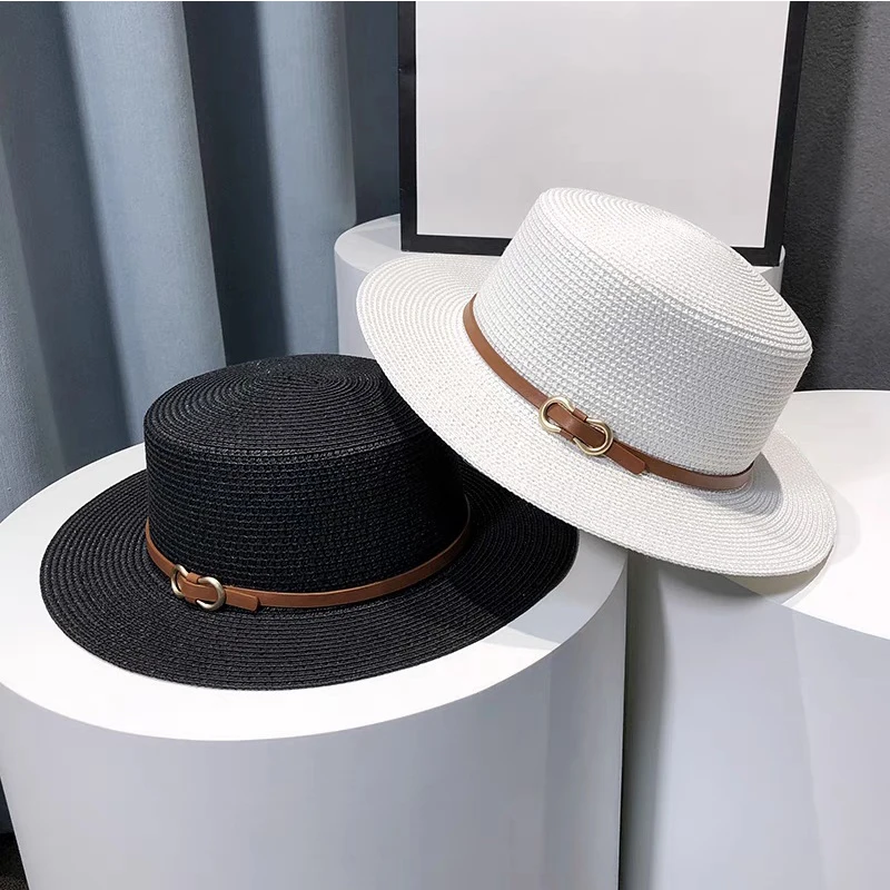 New Flat Top Straw Hat Belt Accessories Leisure Summer Sunscreen Hat Women\'s Fashionable Beach Boater Hat Gifts 2023