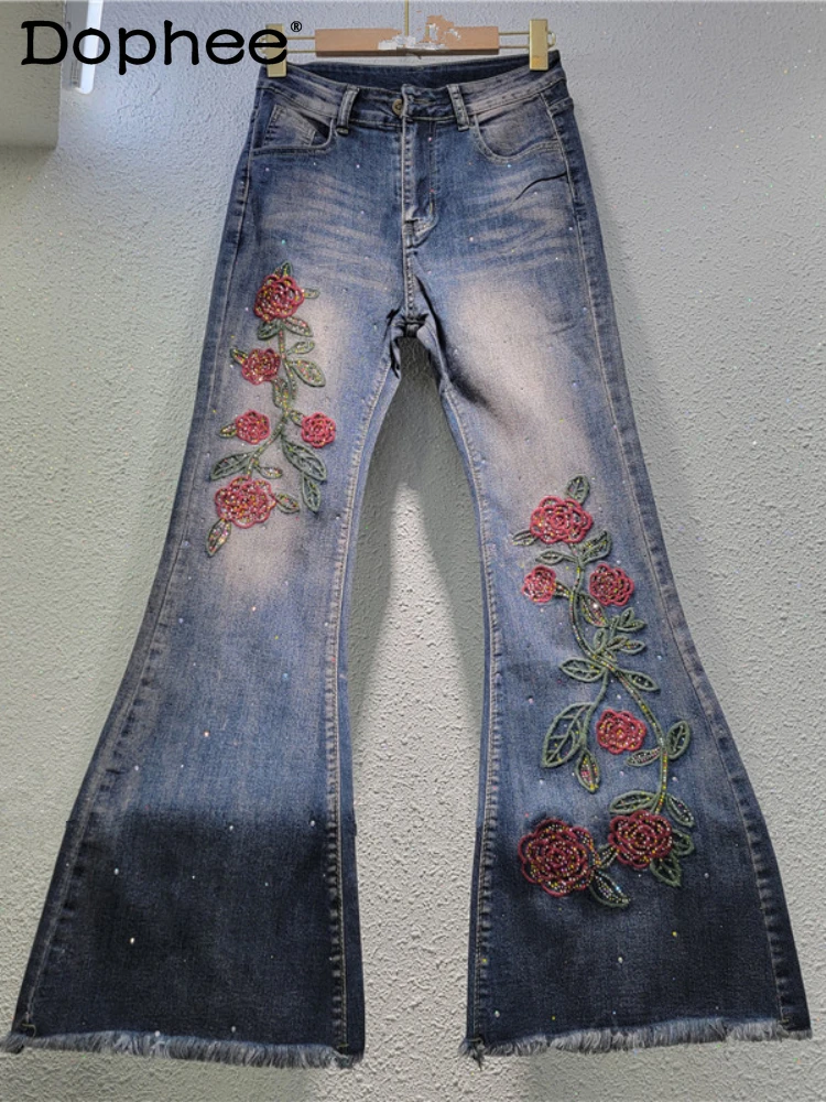 High Waist Jeans Rough Edge Flowers Embroidery Denim Trousers Women Autumn 2024 New Loose Sweet Flared Trousers Jeans Women