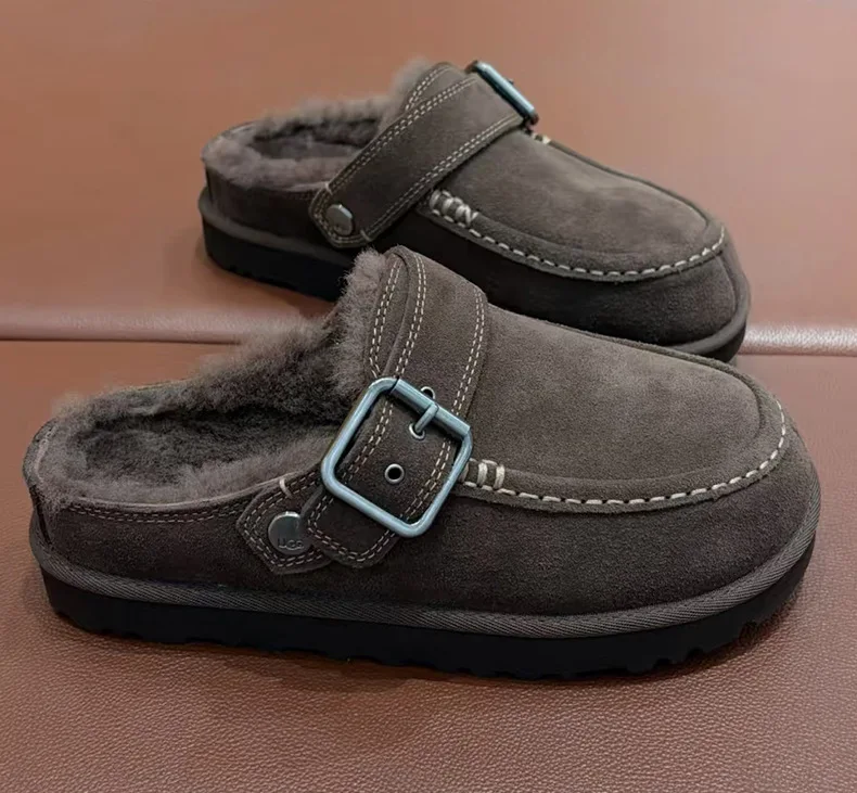 Neue Damen-Schlappen aus Rindsleder und Wolle, Schneestiefel mit Zehenkappe, erhöhte Sohle, warm, stoßdämpfend, dicke Sohle, lässig, für Paare – Detail 14