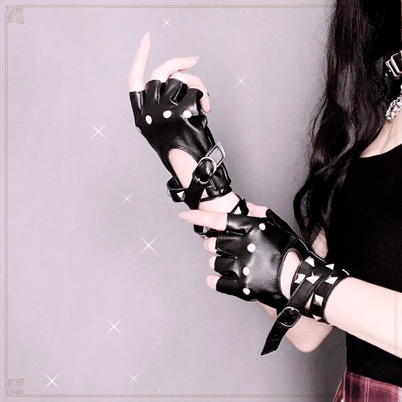 Unisex Punk Fingerless Gloves PU Leather Rivet Gothic Wrist Wrap Black Red White Disco Dance Rock Performance Gloves