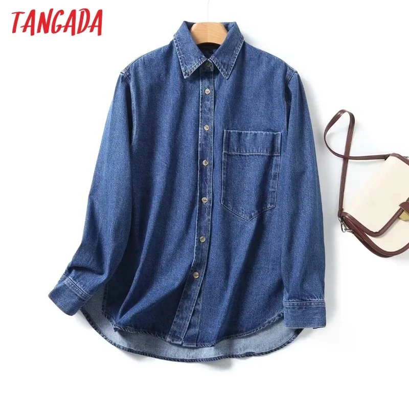 Tangada 2024 Women Blue Oversized Denim Shirt Long Sleeve Female Blouse Tops 4C122