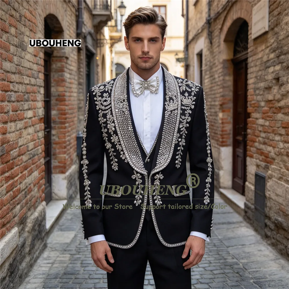 Luxury Wedding Suit For Men Sparkly Sequin Beaded Stones Groom Tuxedo Customized 3 Piece Sets Man Banquet Party Outfit Slim Fit