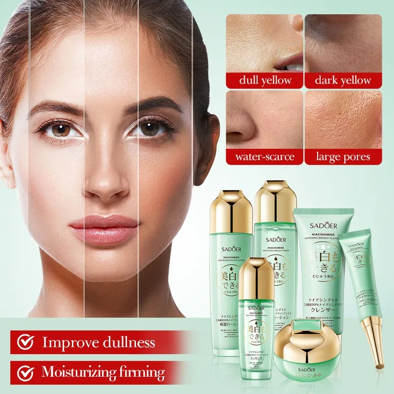 Niacynamid wybielający zestaw do pielęgnacji skóry Cleanser Toner Serum krem pod oczy krem do twarzy wybielanie twarzy Anti-Aging zmarszczki pielęgnacja skóry