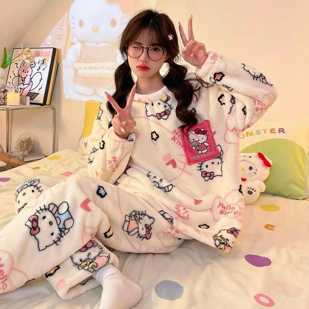 Cartoon Hello Kitty Anime Women Pajamas Suit Anime Winter Girls Coral Fleece Sleepclothes Flannel Velvet Thicken Homewear Suit